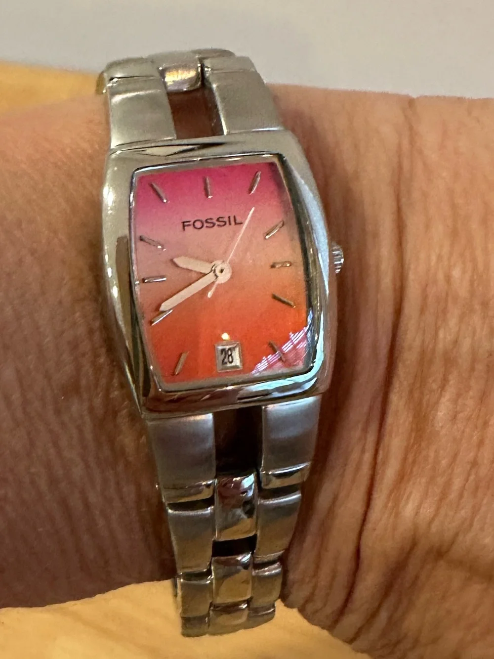 Fossil Silver Bracelet Watch with Pink-to-Orange Gradient Dial NWT